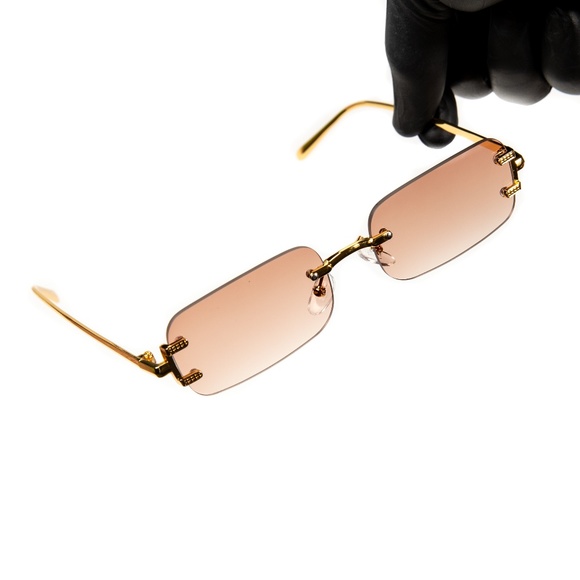 Gold Frame Peach Orange Tint Rimless Mens Y2K Hip Hop Fashion Summer Sunglasses - Picture 4 of 5